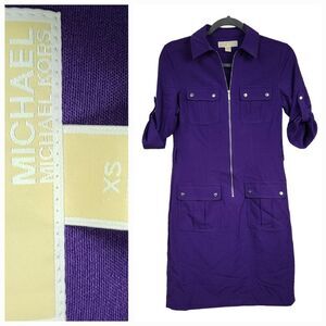 MICHAEL Michael Kors Purple Zip Front Shift Dress Pockets Roll Tab Sleeve Womens